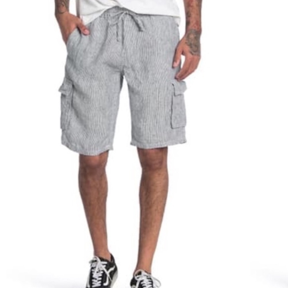 Onia Tom micro stripes blue white Linen Cargo Drawstring Shorts L